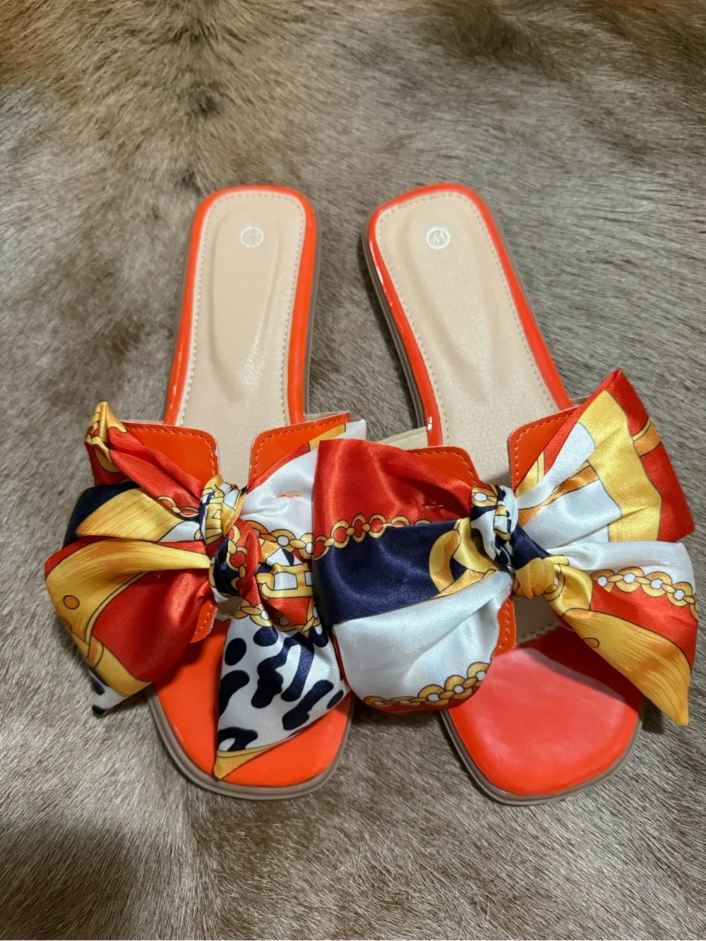 Never worn - Women’s Orange Bow Slide Sandals/Slides with Printed Scarf Accent